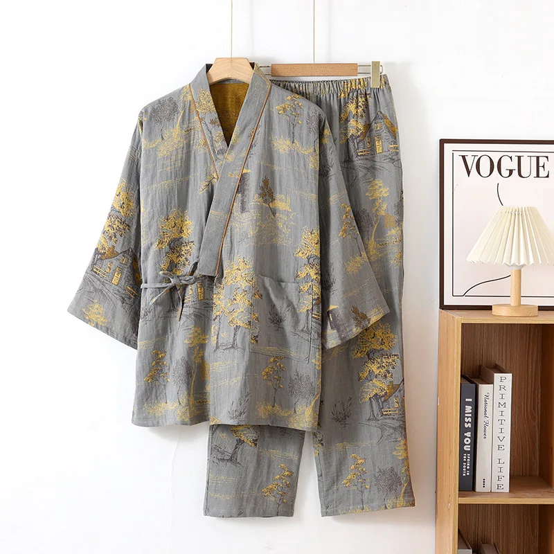 Retro Print Men's Sleepwear Cotton Men Autumn New Loose Nightwear Set Kimono Pajamas Top And Long Pants Loungewear