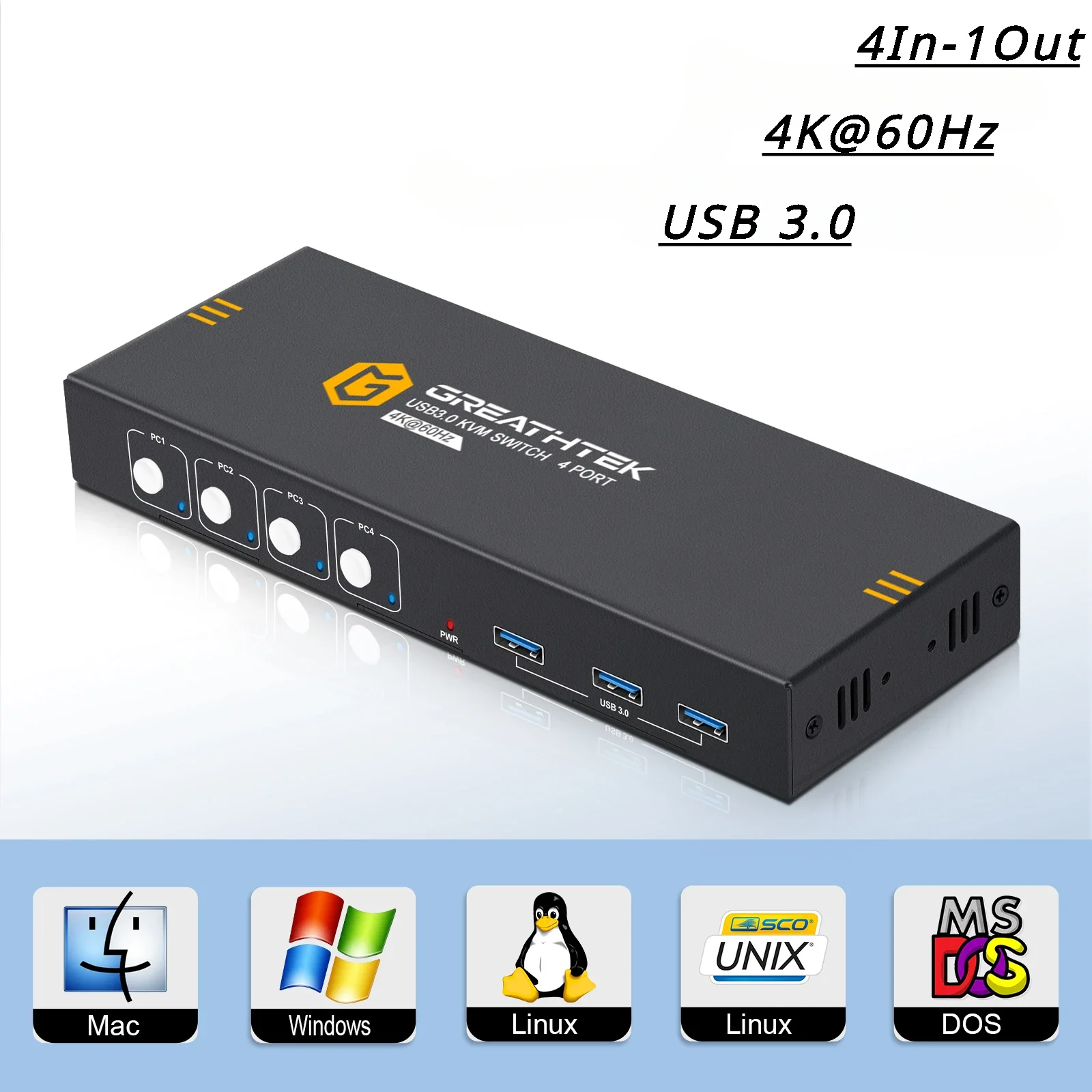 USB 3.0 KVM 스위치, HDMI 4K @ 60Hz, 4 컴퓨터 공유 1 모니터 공유 키보드 마우스 지지대 단추 스위치, 플러그 앤 플레이