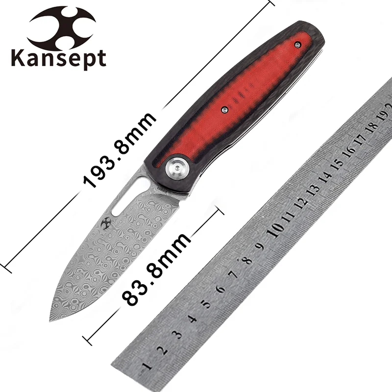 

Складные ножи kanseven Mato 3,3 дюйма, K1050A5, дамасское лезвие с саржевым Карбоновым волокном и красной черной ручкой G10 для кемпинга, повседневного ношения