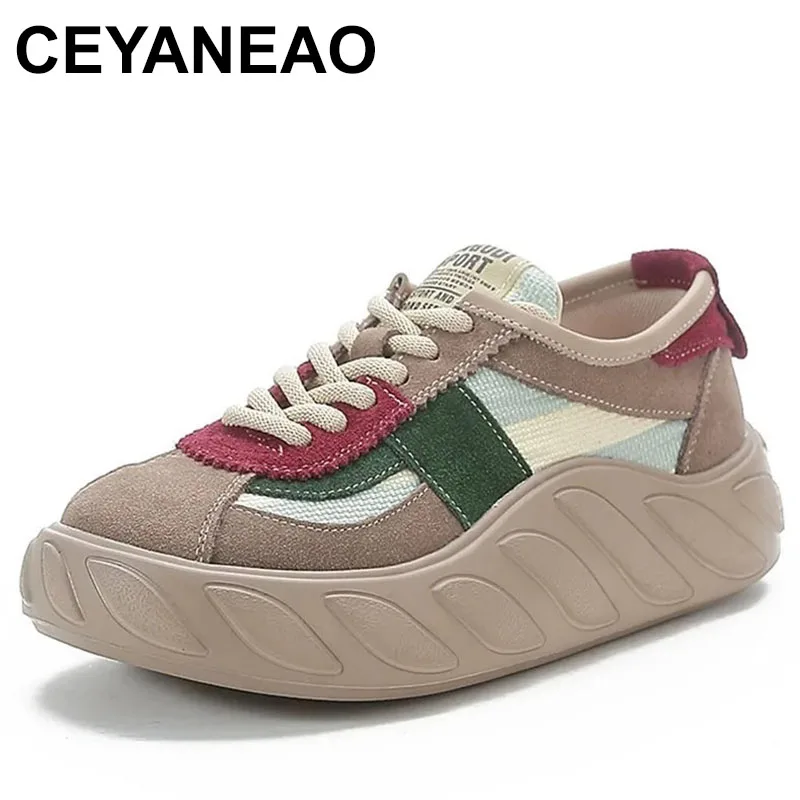 

Mixed Colors Flats Shoes Women Sneakers Genuine Leather Lace-up 2023 New Handmade Leisure Platform Vulcanize Shoes