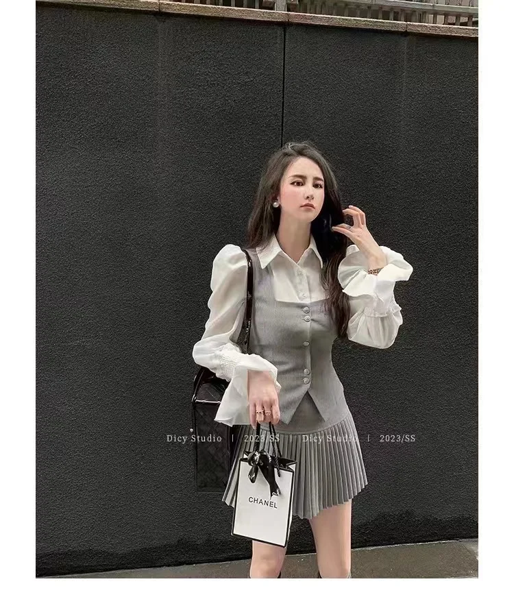 Sweet 3 Piece Set Women Flare Sleeve Shirt Square Collar Vest Pleated Mini Skirt Autumn Spring Solid Y2K Korean Chic Outfits New