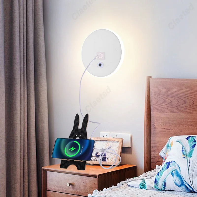 Simple LED Touch Dimming EU Plug Wall Light USB Charging Port Bedroom Bedside Lamp Living Room Corridor Decorative Wall Light