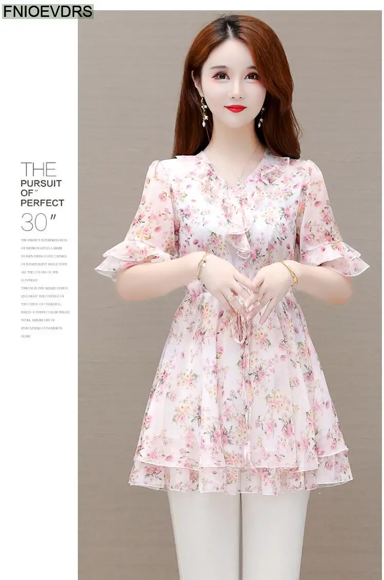 M-5XL 2023 Clothes Clothes Women European Style Elegant Basic Shirt Floral Print Retro Ruffles Belly Tunic Peplum Top Blouses