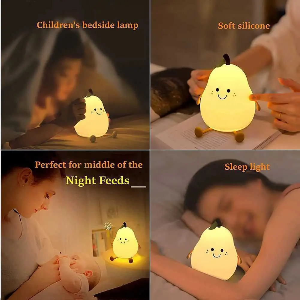 Night Lights for Kids Pear Shaped Cute Silicone Nightlight 7 Colors Dimmable Night Lamp USB Charging for Bedroom Bedside Room 2