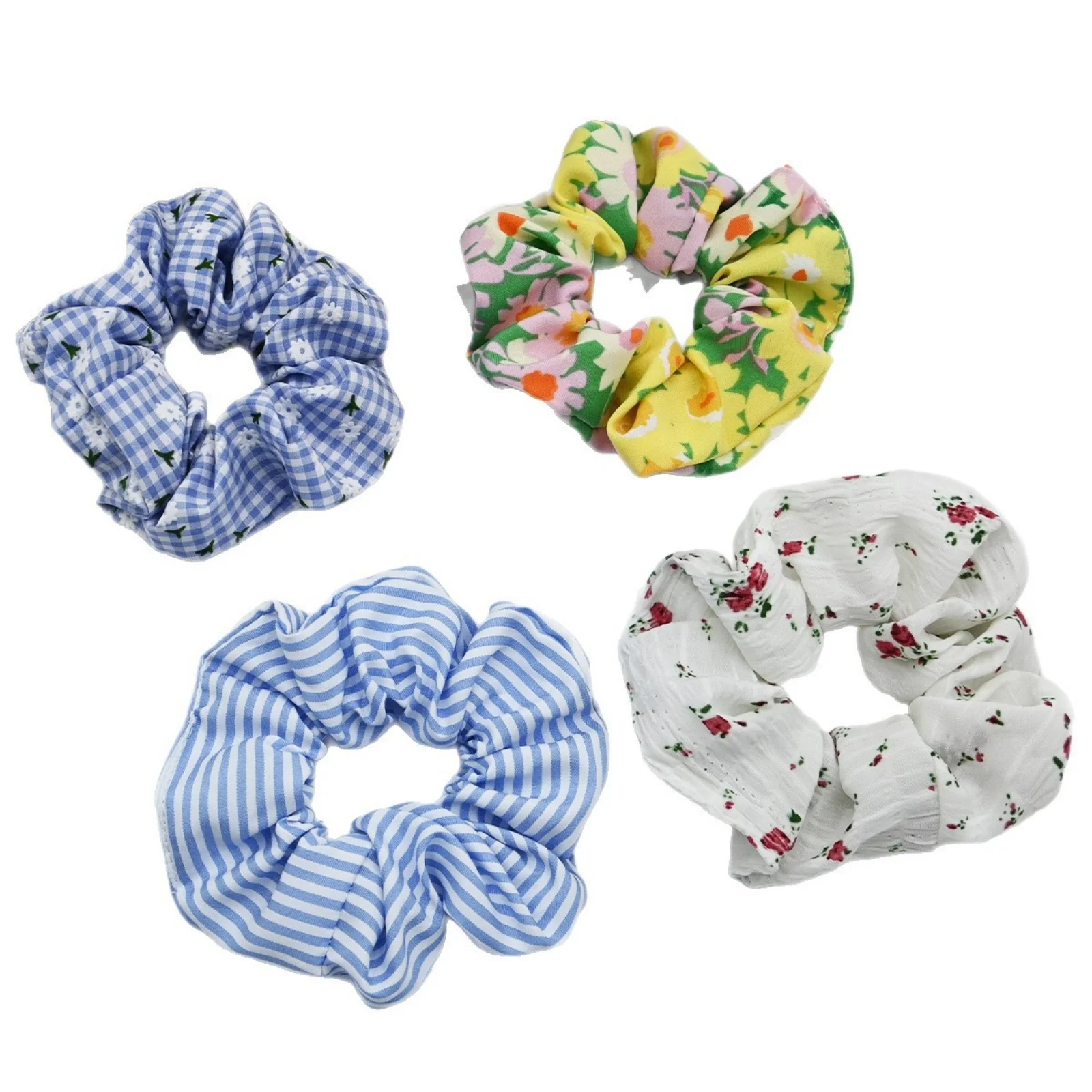 1PC Blue Series Hair Scrunchies Collection - 4 Styles (Floral/Striped/Checkered), Trendy Hair Accessories