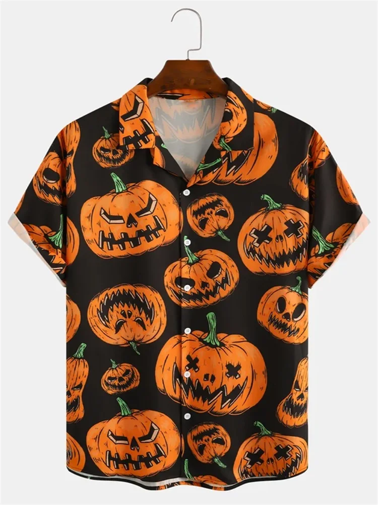 

Summer beach style fun Halloween cartoon pattern men's short-sleeved lapel shirt suitable for summer vacation Christmas gifts