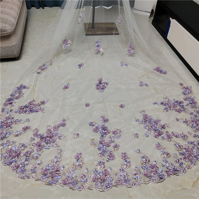 Lilac Purple 3D Flowers Wedding Bridal Veils Pearls Cathedral Long White Ivory Tulle Lace Edge With Comb For Brides Unique