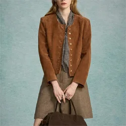 Genuine Leather Cropped Jacket Women Spring Sheepskin O-Neck Metal Buttons Long Sleeve Top Kid Suede Slim Short Casaco Feminino