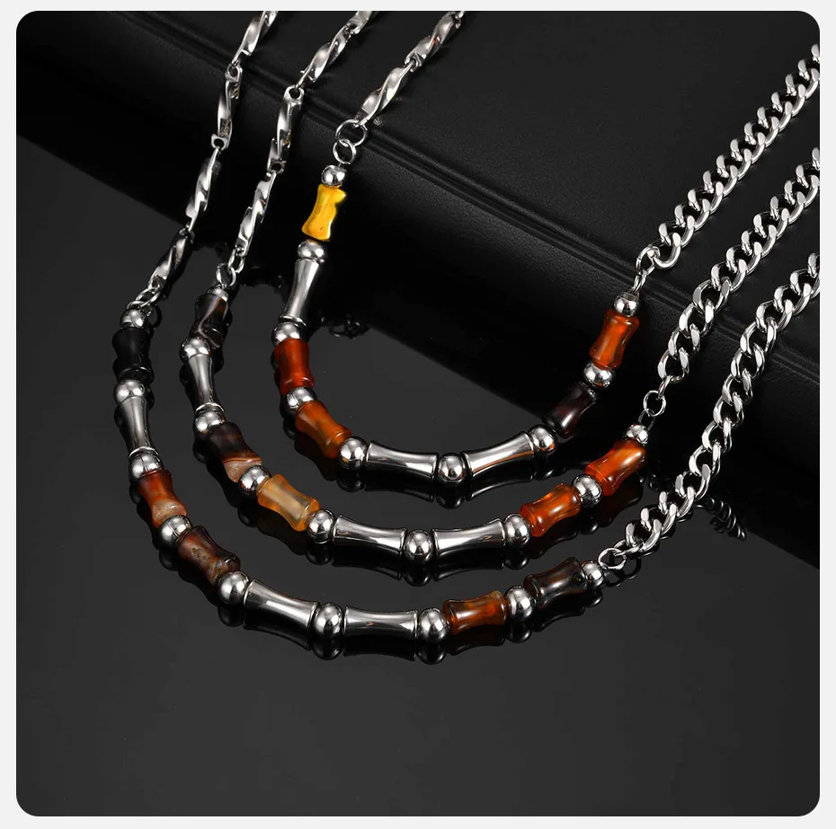 Vnox 46–51 cm verstellbare Stahl-Bambus-Halskette mit Karabinerverschluss, natürliche Achatperlen, minimalistischer Schmuck, Geschenk für Männer und Frauen – Detail 5