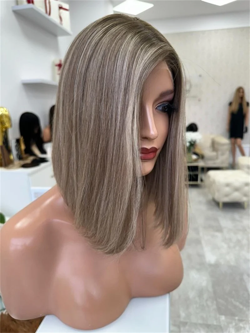 Glueless Short Bob Cut Ash Blonde Lace Frontal Wig Highlights Transparent HD Synthetic Hair Lace Front Wig Soft Straight Bob