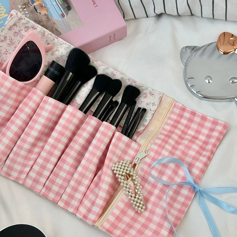 아이들을위한 미적 봄 꽃 롤업 연필 가방 소녀 핑크 베이지 휴대용 학생 연필 주머니 대용량 펜 주최자