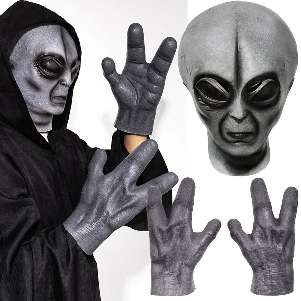 

51 Area Alien Mask Gloves Cosplay UFO Monster Skull Latex Helmet Hands Halloween Dress Up Party Costume Props