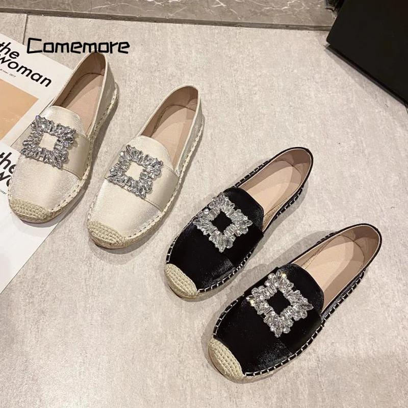 Comemore Woman Crystal Buckle Loafers Ladies Design Elegant Slip-on Fishman Shoes Luxury Satin Silk Espadrille Moccasins Size 43