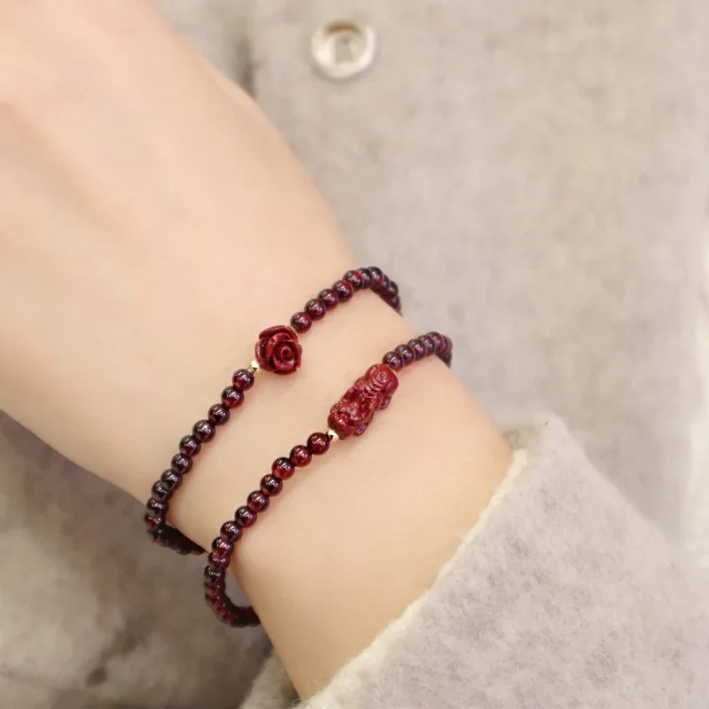 

New Flower/Brave Troops/Calf/Lucky Beads Cinnabar Small Natural Garnet Slim Beaded Bracelets for Women Fine Jewelry YBR531