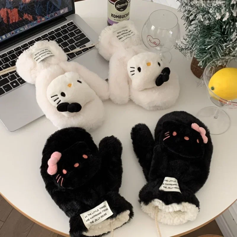 

New Sanrio Hello Kitty Cartoon Plush Gloves Women Double Layer Warm Hanging Neck Mittens Kawaii Cute Couple Winter Cycling Glove
