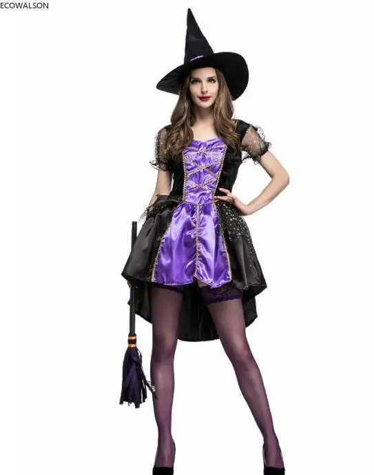 

Plus Size XL-S Halloween Witch Costume For Women Magic Adult Sexy Purple Tail Braces Dress Hat Carnival Party Female Suit