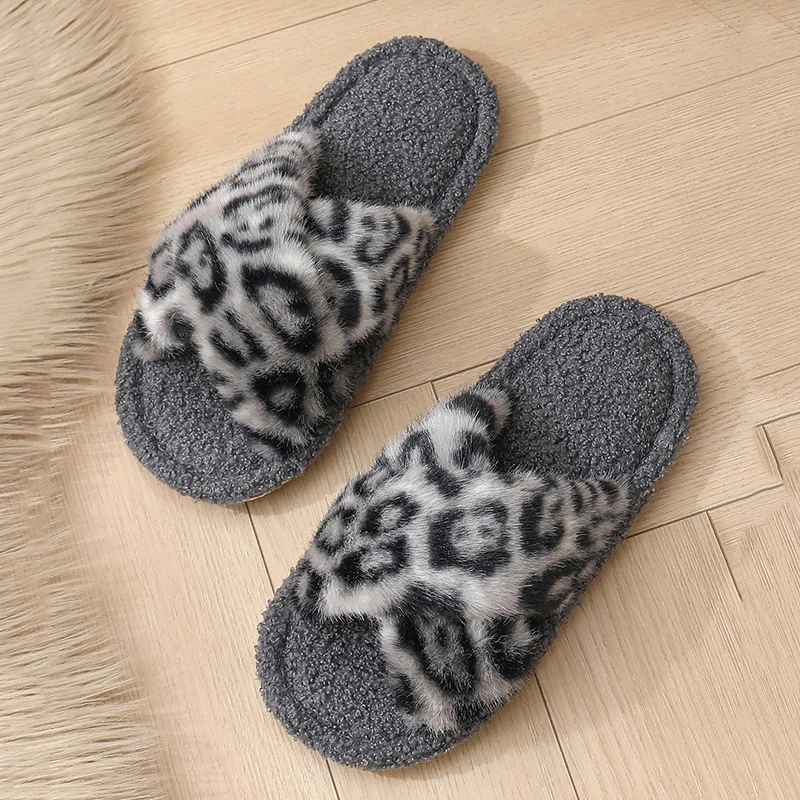 2025 New Open Toe Leopard Print Fur Slippers Women Lightweight Warm Fluffy Furry Slides Woman EVA Anti Slip Indoor Home Shoes