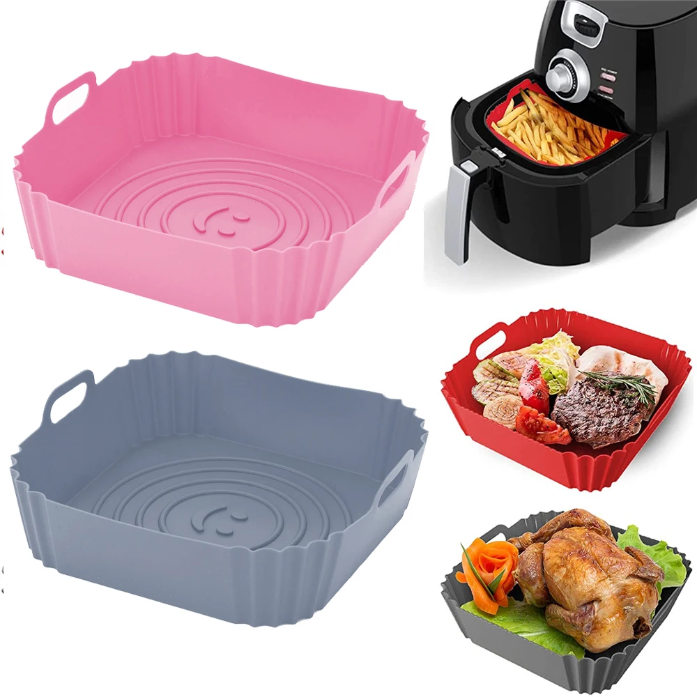 

22cm Suqare Replacemen Air Fryers Oven Baking Tray Fried Chicken Basket Mat Air Fryer Silicone Pot Grill Pan Kitchen Accessories