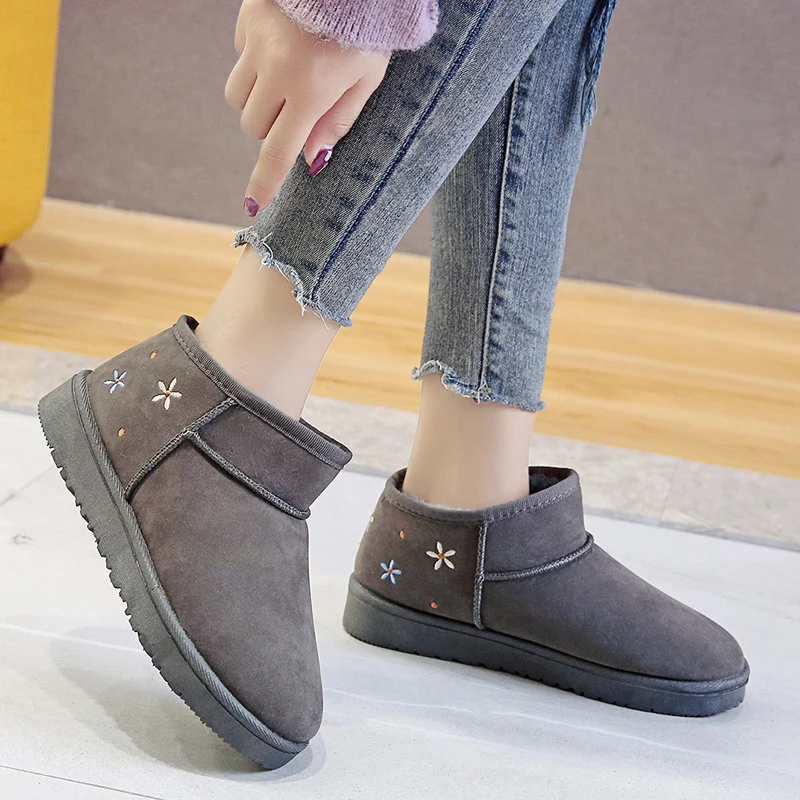 Shoes for Women 2023 Hot Sale Winter Plush Warm Slip on Mid-Calf Women's Boots Solid Color Round Toe Flock Low-heeled Snow Boots