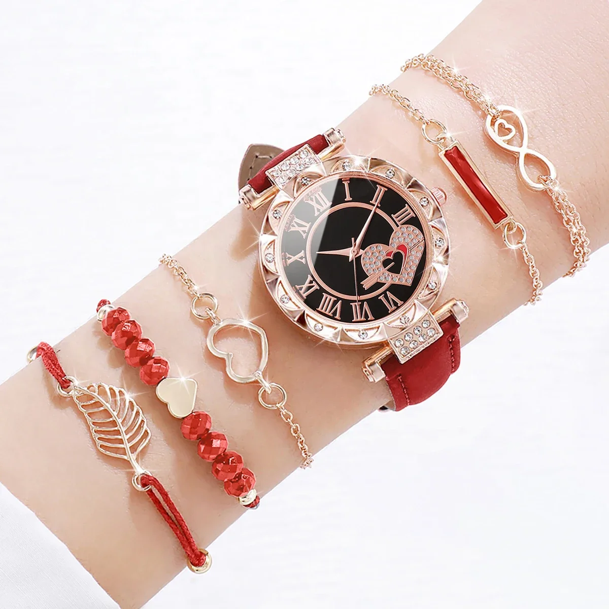 6PCS/Set Women's Watch Fashion Roma Heart Dial Leather Band Quartz Watches Leaf Bracelets Set(Without Box) 2