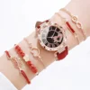 6PCS/Set Women's Watch Fashion Roma Heart Dial Leather Band Quartz Watches Leaf Bracelets Set(Without Box) 2