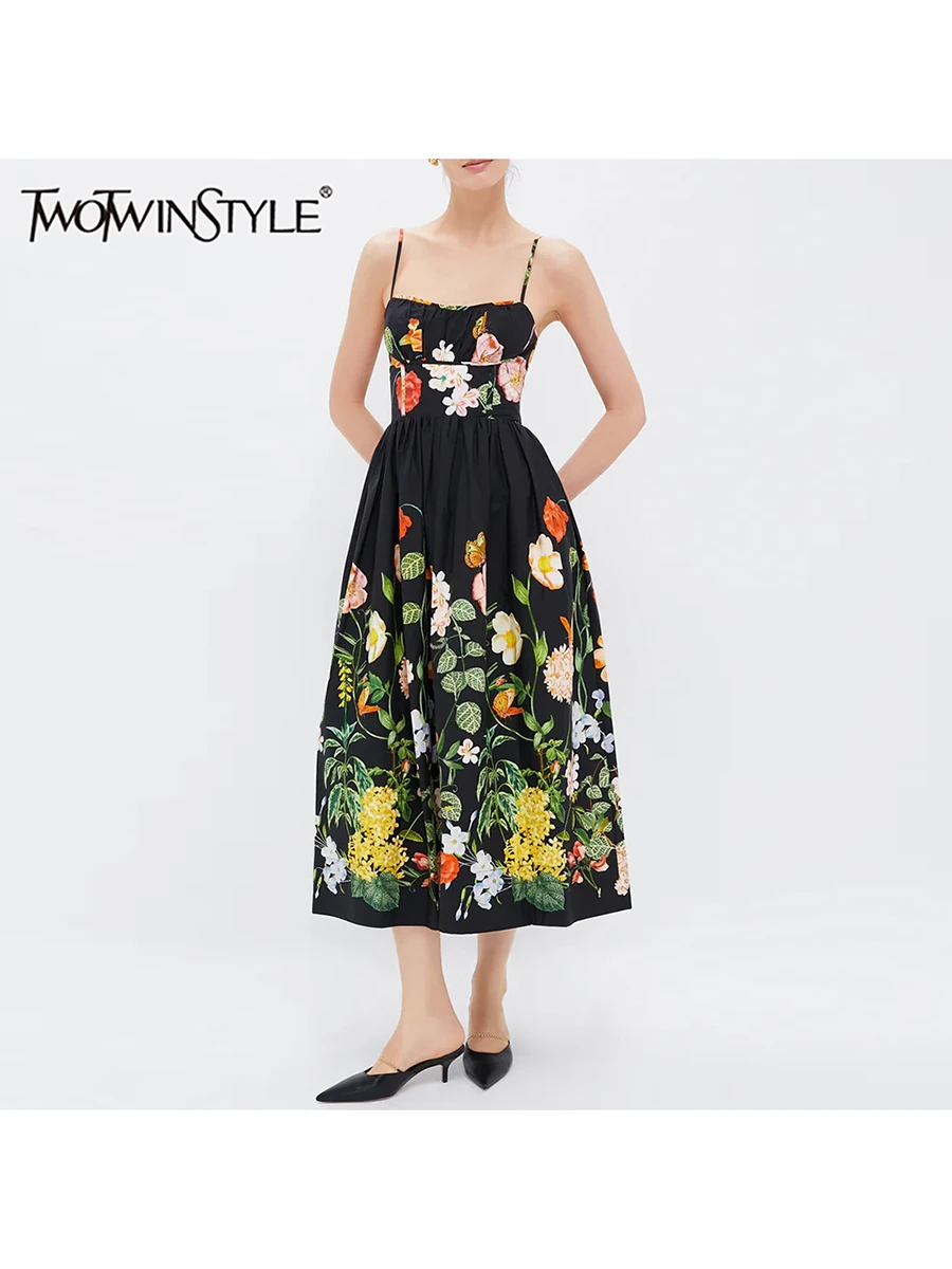 TWOTWINSTYLE Solid Printing Long Dresses For Women Square Neck Sleeveless  High Waist Patchwork Folds Elegant Dress Female New - AliExpress 200000345