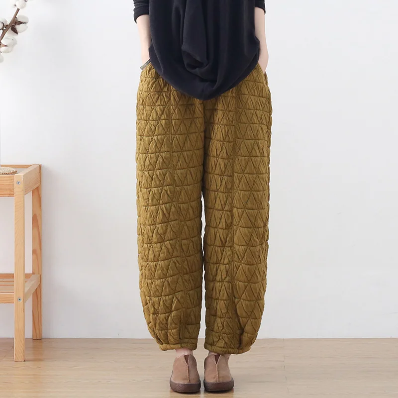 

Women Winter Warm Thick Cotton Pants Padded Elastic Waist Trousers Outdoor Casual Plus Size High Waist Wide Leg Sweatpants