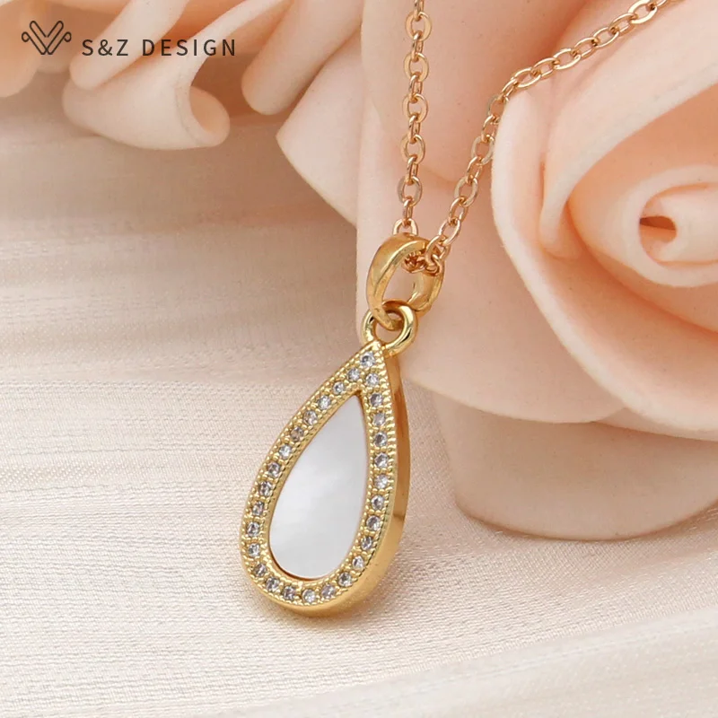 S&Z DESIGN New Fashion Elegant Water Drop Shell Pendant Necklace For Women Classic Micro Wax Inlay Cubic Zirconia Jewelry