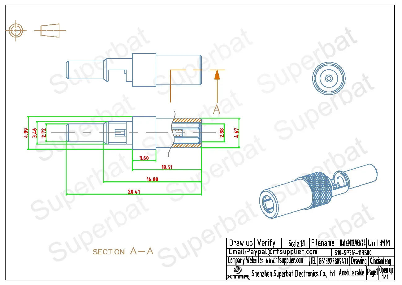 Male Straight Crimp RF Coaxial Connector for RG174 Cable