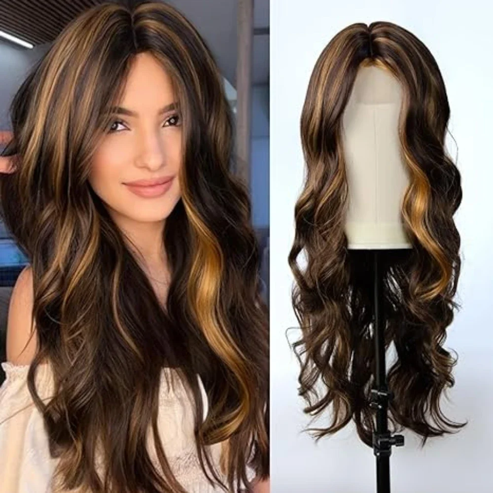 

Ombre Brown Synthetic Wig Long Brown Wavy Wigs Natural Looking Ombre Brown Hair Wigs Highlight Heat Resistant Synthetic Wig