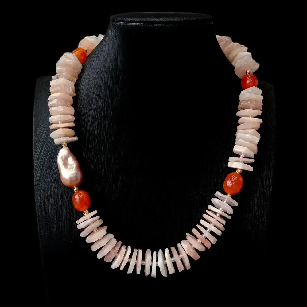 

Y·YING Natural Pink Morganite Slice Red Carnelian Cultured Purple Baroque Pearl Necklace
