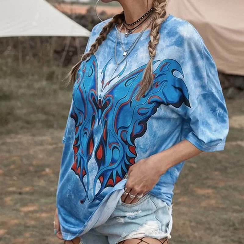 

Tie Dye Blue Butterfly Graphic Tees Women T-shirt O Neck Short Sleeve Casual Tshirt Summer Plus Size Streetwear Bohemia Tops New