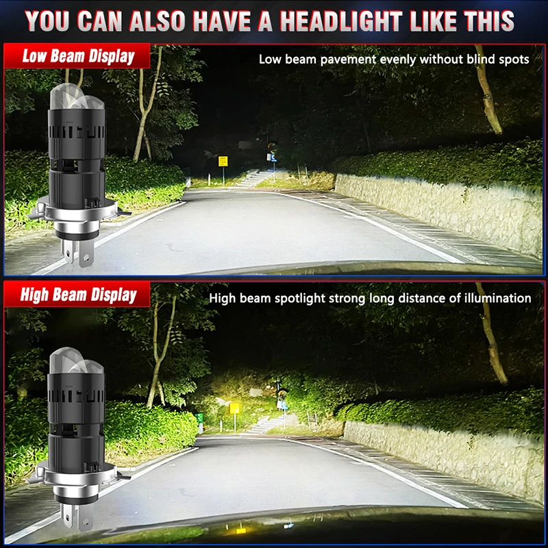 Ultra-Bright H4 LED Projector Lens Headlight with Wireless Turbo Cooling System, 6000K Plug and Play