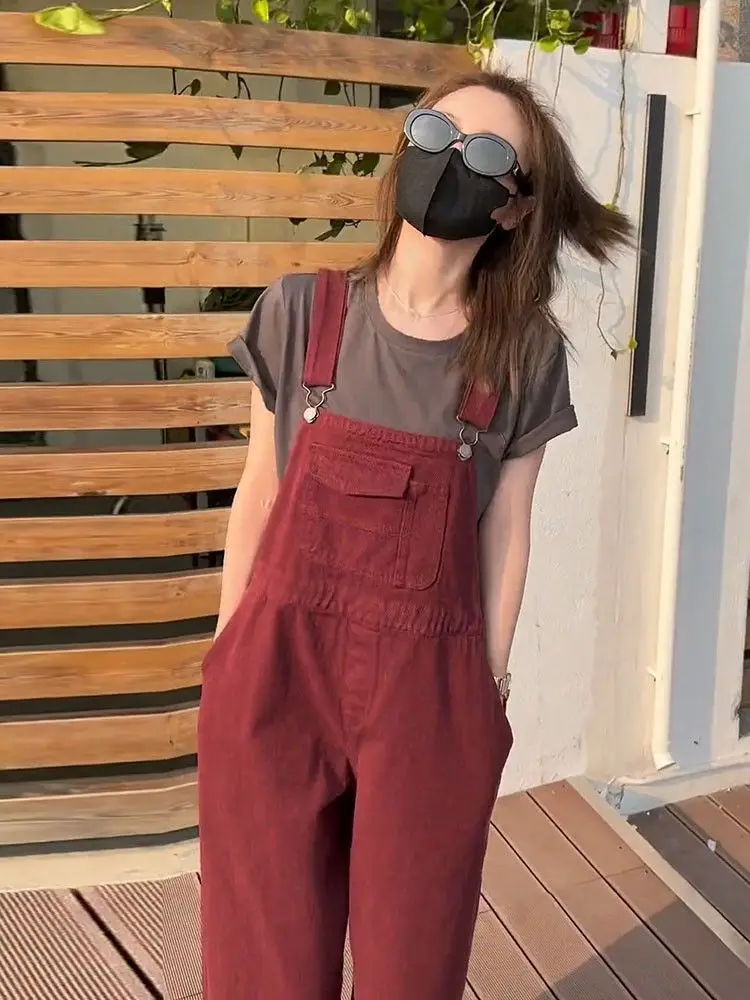 Straps Jean Vintage Women Summer 2024 Korean Style Loose Red Pockets Denim Wide Leg Jumpsuits Tide Casual Straps Jeans Versatile