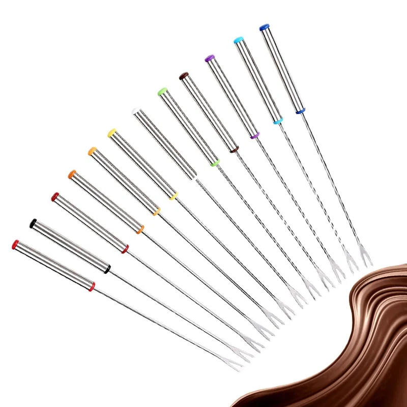 

Multi Color Fork Kitchen Tool 24cm Stainless Steel Dessert Fork Six Piece Set of Cheese Chocolate Hot Pot Fruit Kitchenware