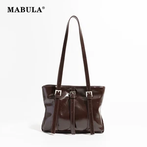 MABULA y2k Vintage PU Leather Tote Bag for Women Small Casual Shoulder Shopper Handbag Retro Square Purse