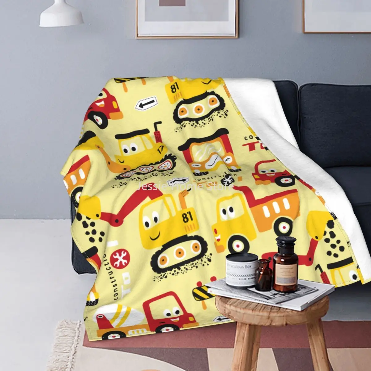

Cartoon Truck Excavator Blankets Fleece Print Backhoe Cranes Equipment Portable Lightweight Throw Blankets Bed Car Bedspreads