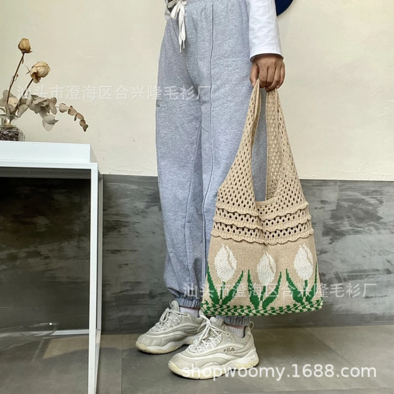 

Women's Bags Floral Tulip Graphic Crochet Tote Retro Fashion Knitted Handbag Hollow Shoulder Bag Female Beach Holiday Shopping