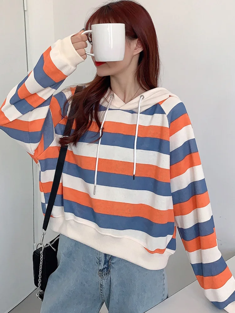 

hoodies Women colorful striped patchwork Casual thin Sweatshirts young girl Harajuku kawaii short Hooded sweatshirt pullovers