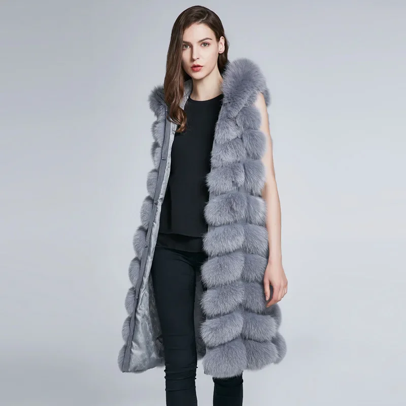 Hooded Fox Fur Grass Coat Vest Extended Women's European and American Autumn and Winter