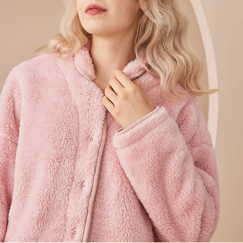 Cardigan Stand Collar Flannel Women's Pajamas Solid Color Fresh Coral Velvet Housewear Suit Autumn and Winter Warm Pajamas Set