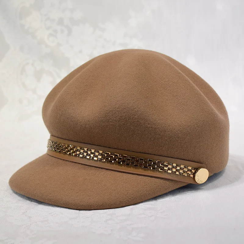 

202312-chen ins chic winter wool felt gold chain button lady Equestrian service hat women visors cap