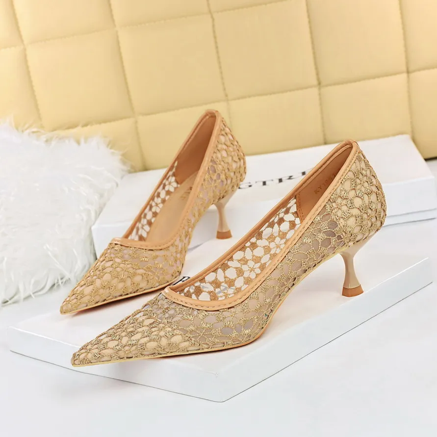 BIGTREE Women Shoe Spring 2022 Women's Summer Shoes Mesh Cutout Lace Pointed toes Sexy High Heels Shallow Mouth Fashion Sandals
