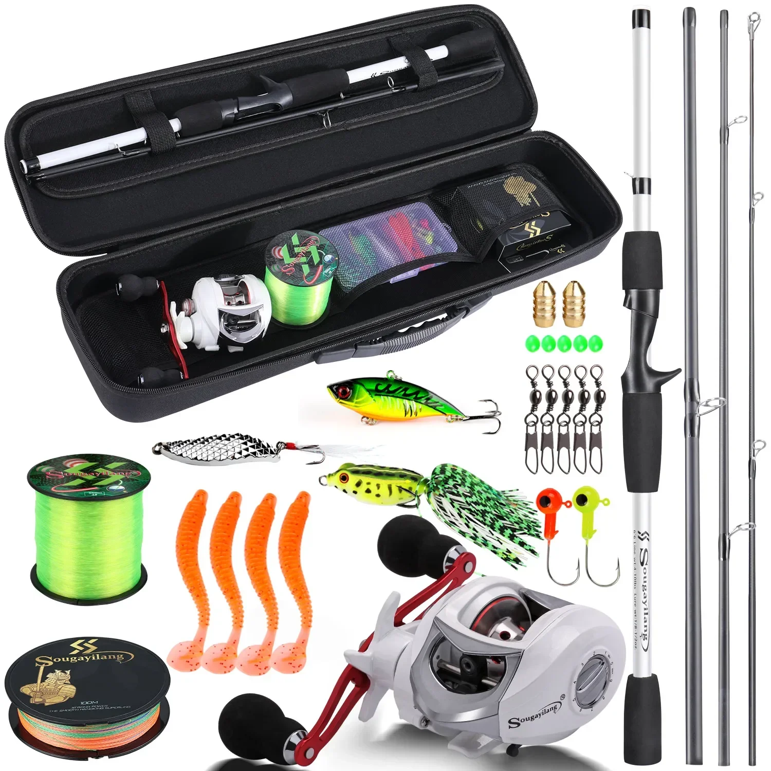 Fishing Pole Set Fishing Rod and Reel Combo Sougayilang 1.98m Casting Rod and Reel Full Kit 4 Section Carbon Fishing Rod 500M Fishing Line