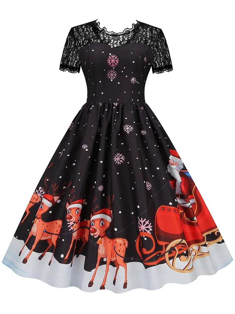 Weihnachts kostüm Party kleid Frauen Kurzarm Spitze Vintage Robe elegante Weihnachten Abendkleid ung – Detail 18