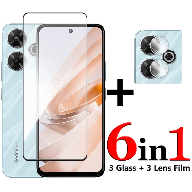 

6in1 For Redmi Note 13R Glass For Redmi Note 13R 5G Tempered Glass 2.5D Full Cover Glue Screen Protector For Redmi Note 13R Film