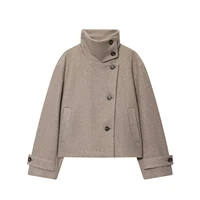 European and American 2025 Winter New Women's Loose and Casual Style Simple Long Sleeve Buckle Stand up Collar Coat - Image 2