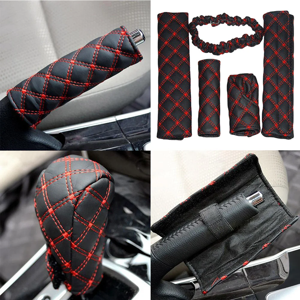 

5- in- 1 Car Handbrake Cover, Comfortable Microfiber Material, Gear, Handbrake, Rearview Mirror Cover, Belt, Cushion Cover, A