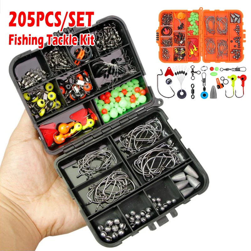 

205pcs/box Hook Fittings Assembly Fishing Tackles Box Accessories Kit Set with Hooks Anti Tangle Sleeves Hook Fishing Connector