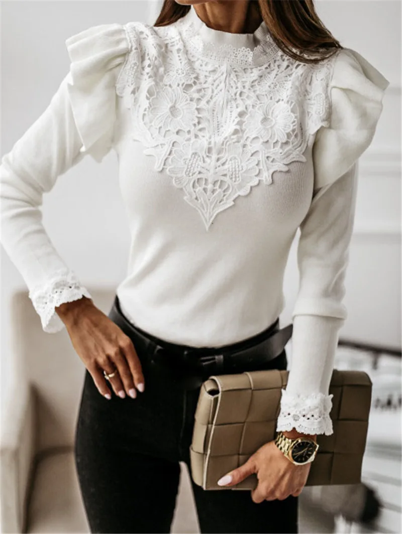 

Women's Long Sleeve Round Neck Lace Decor Solid Bottoming Shirt Autumn & Winter Women Fashion Elegant T-Shirt